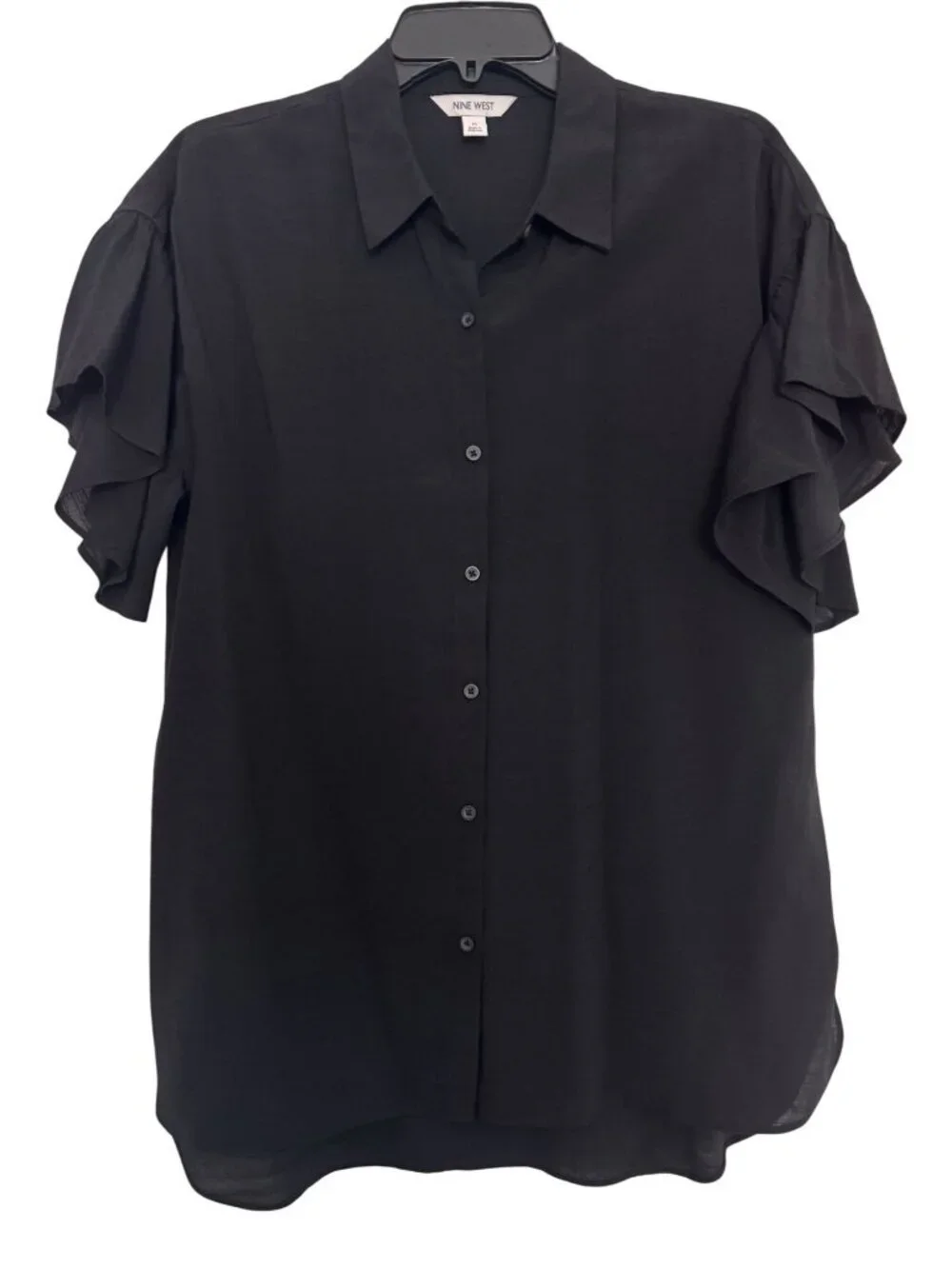 Nine West Women Black Button-Down With Ruffle Sleeves Blouse Size M